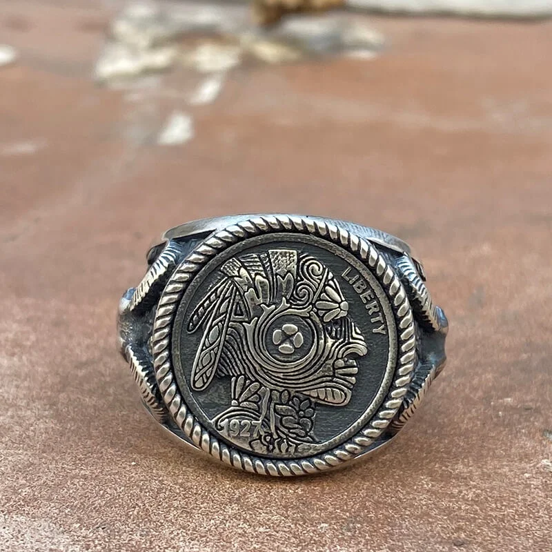 1927 Chief Head Hobo Nickel Sterling Silver Ring