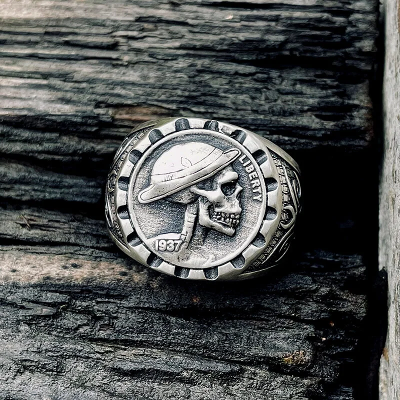 1937 Hobo Nickel Coin Sterling Silver Skull Ring