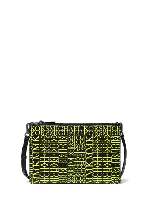 Michael Kors Women's Black & Neon Yellow Adele Newsprint Logo Leather Crossbody Bag