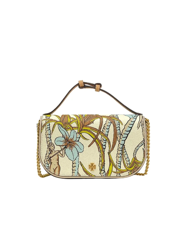 Tory Burch Cream Brown Climbing Palms Emerson Printed Top Handle Crossbody