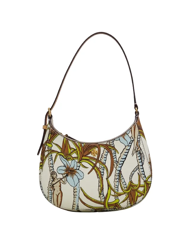 Tory Burch Cream Brown Climbing Palms Emerson Printed Zip Shoulder Bag