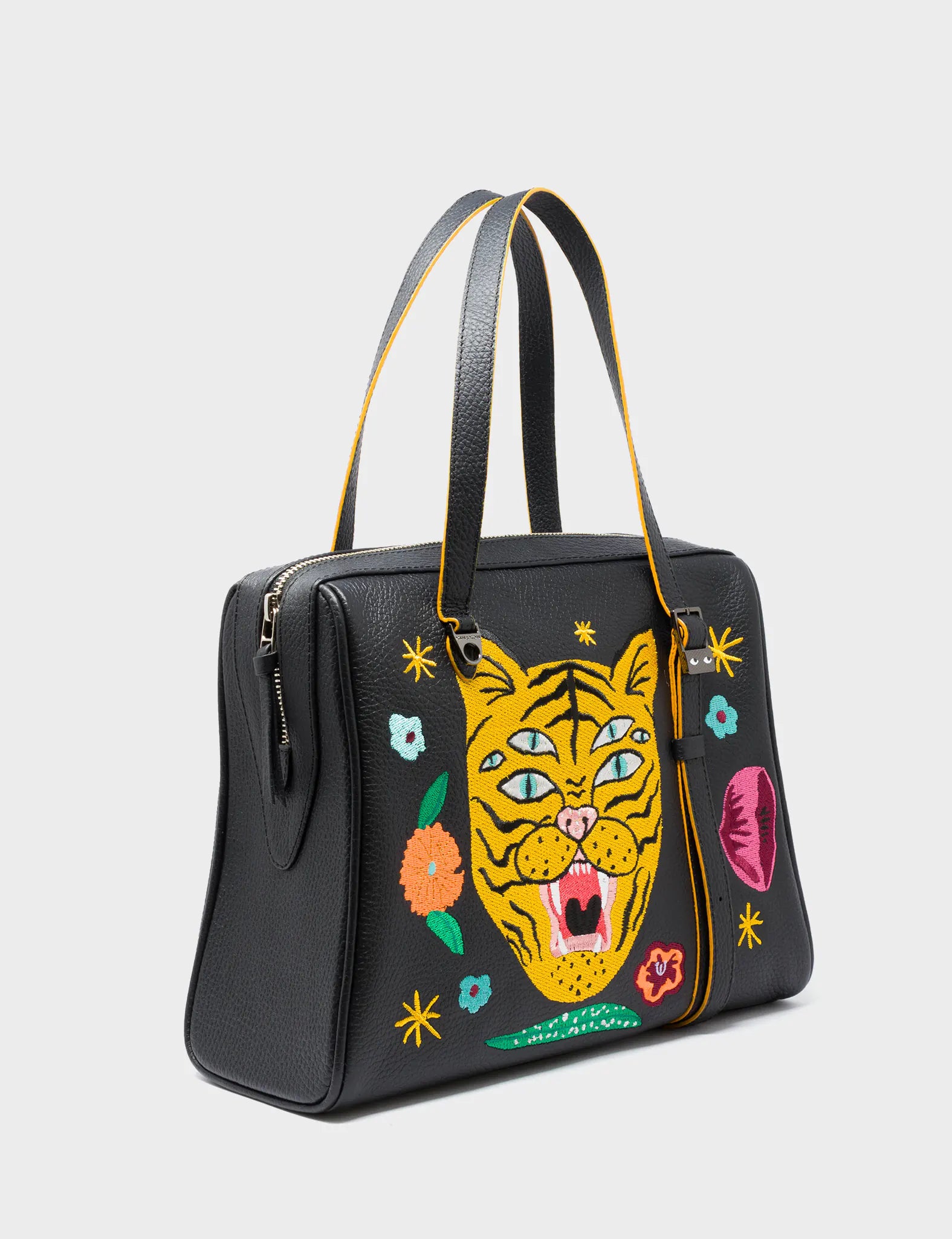 Esther Black Satchel Bag - Tiger and Flowers Embroidery