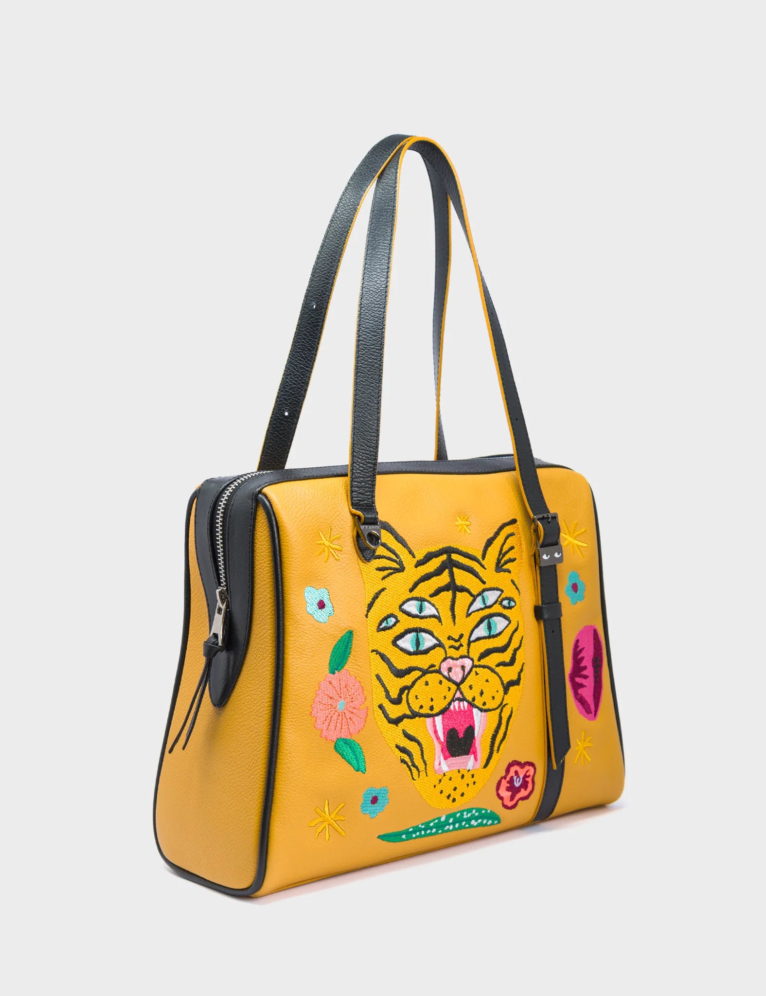 Esther Golden Glow Satchel Bag - Tiger and Flowers Embroidery