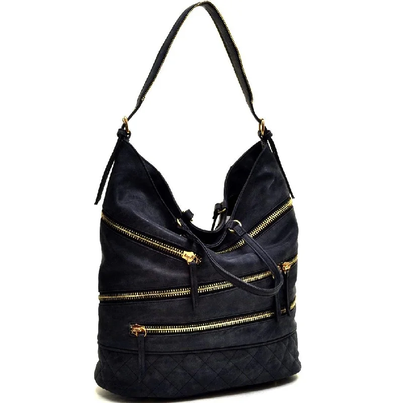 Gold-Tone Quilted Hobo Bag with Front Zipper Deco