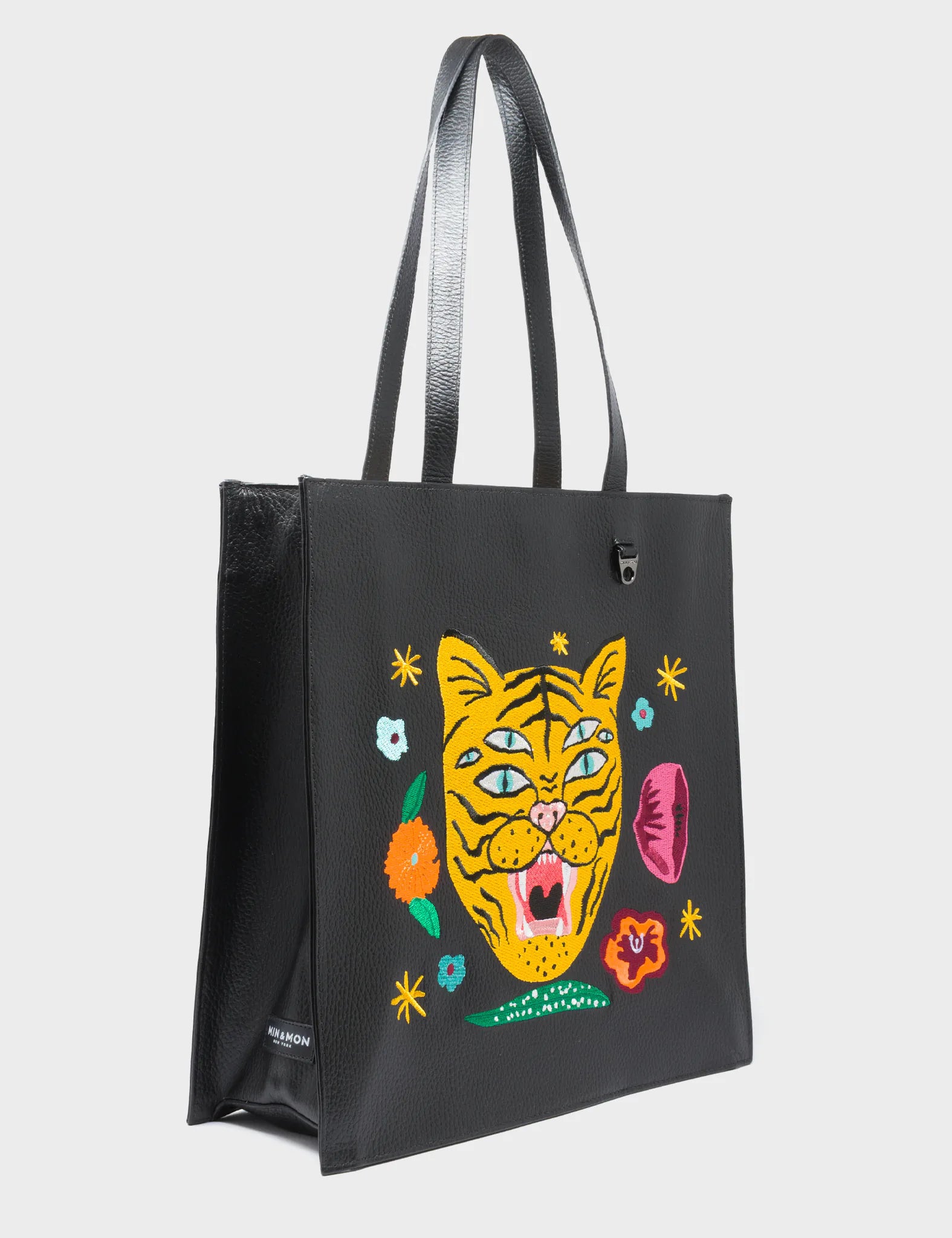 Marko Black Leather Tote Bag - Tiger and Flowers Embroidery